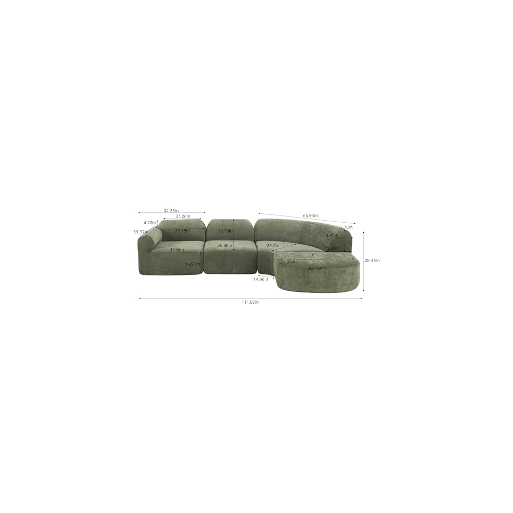 Merax Modern Curved Sectional Sofa with Ottoman, Couch 4-Piece Set High-Density Compressed Sponge, Fully Assembled, Right Hand Facing, Plush Deep Seat for Living Room, Lounge, Apartment, Green