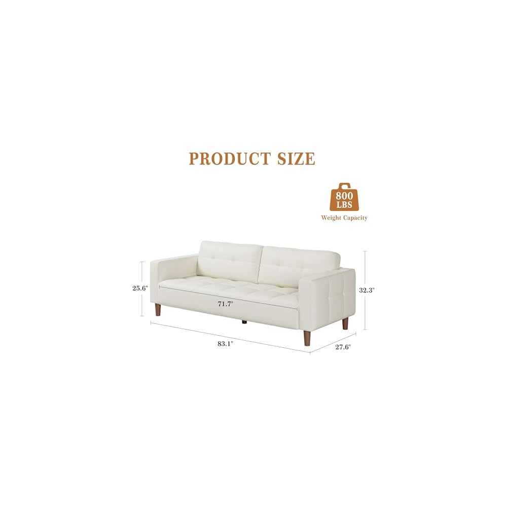 Takywep 3-Seater Sofa Couch, 83" Wide Faux Leather Sofa Couch with Spring Cushion, Modern Sofa with Deep Seats and 2 Removable Back Cushions, for Living Room, Bedroom, Apartment, Office