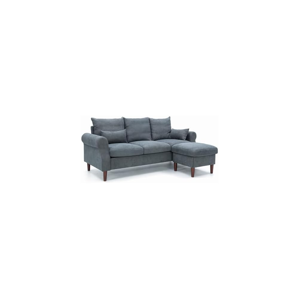 Panana Sectional Sofa Modern Deep 3-Seat Sofa Couch with Ottoman, Upholstered Furniture for Living Room, Apartment, Studio, Office (Grey Linen, Rolled Arms)