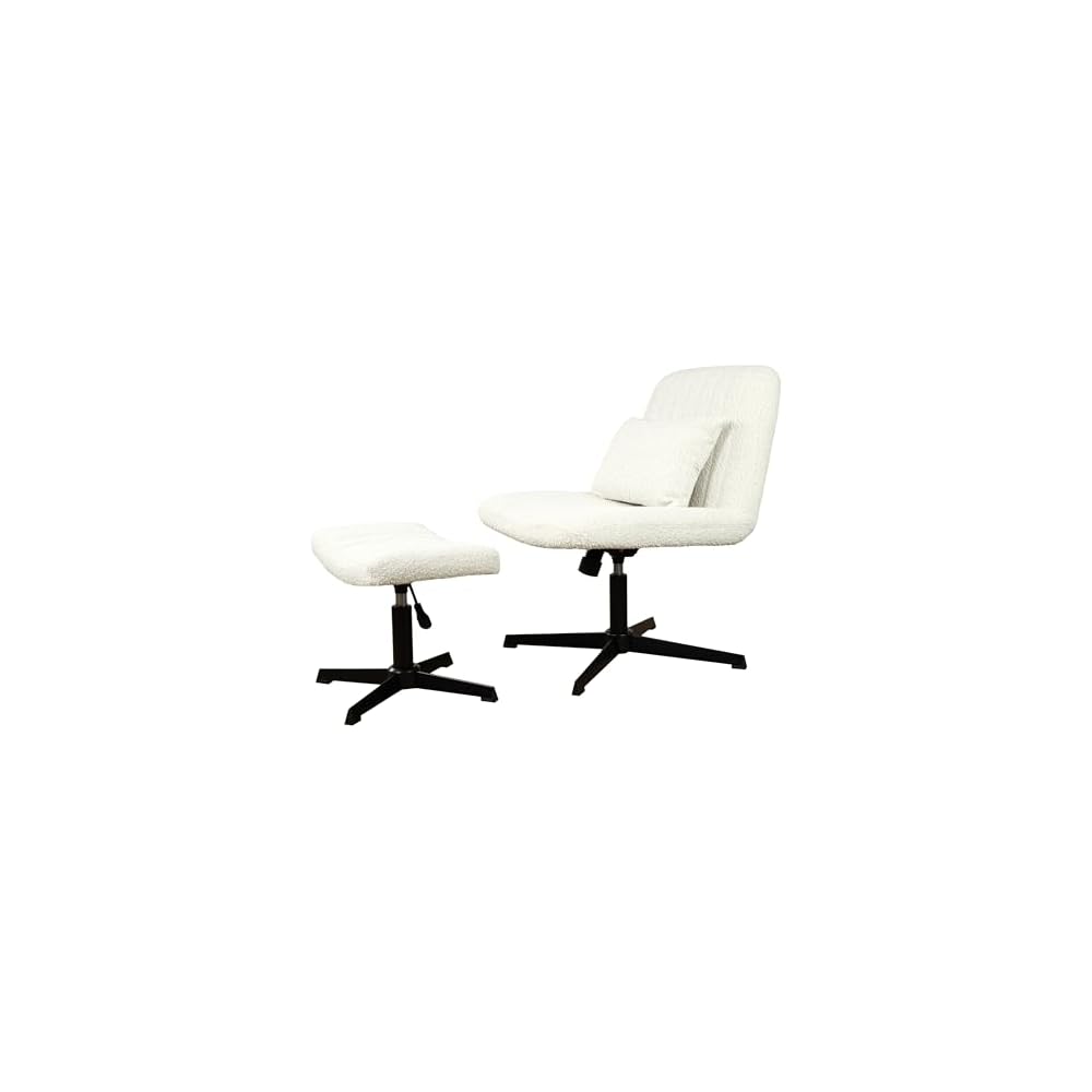 Art Leon Swivel Desk Chair with Footstool, Armless Office Desk Chair No Wheels, Modern Adjustable Backrest and Seat Height Swivel, Metal Base Computer Task Vanity Chair, Beige