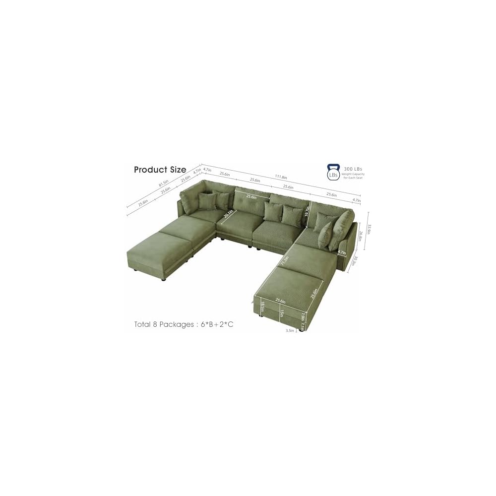 LLappuil Modular Storage Sectional Sofa with Ottoman, U Shaped 8-Seat Corduroy Couch with 6 Throw Pillows, Convertible Sofa Set for Living Room, Skin-Friendly & Soft, Scratch Resistant, Green