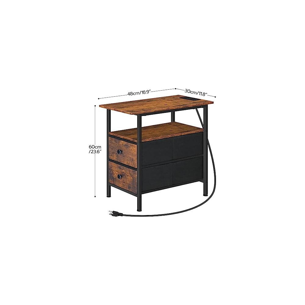 HOOBRO End Table with Charging Station, Narrow Side Table, Nightstand with 2 Non-Woven Drawers, Slim Sofa Side Table, for Small Spaces, Living Room, Bedroom, Rustic Brown and Black BF486UBZ01