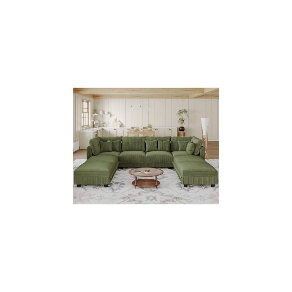 LLappuil Modular Storage Sectional Sofa with Ottoman, U Shaped 8-Seat Corduroy Couch with 6 Throw Pillows, Convertible Sofa Set for Living Room, Skin-Friendly & Soft, Scratch Resistant, Green