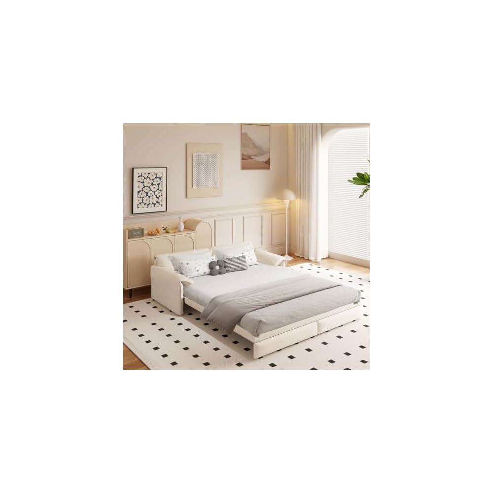 3-in-1 Convertible Sleeper Sofa Bed, Queen Size Pull Out Couch with Storage Pocket, Velvet Loveseat Sofa Bed for Small Space, Apartment, Living Room, Guest Bed,Beige