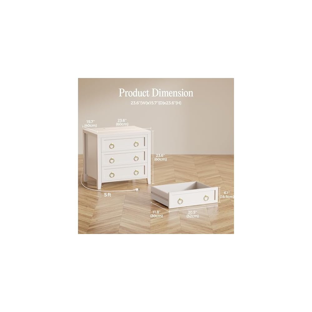 Huuger Night Stand with Charger Station and USB-C Port, 3 Drawer Nightstand