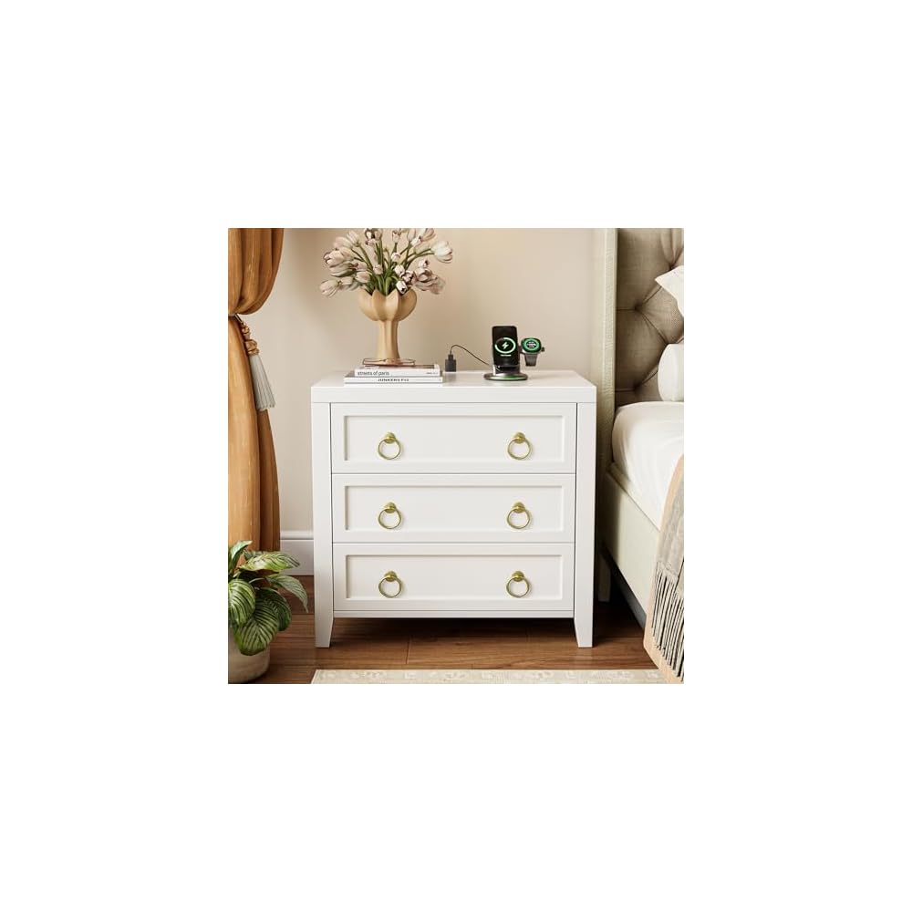 Huuger Night Stand with Charger Station and USB-C Port, 3 Drawer Nightstand