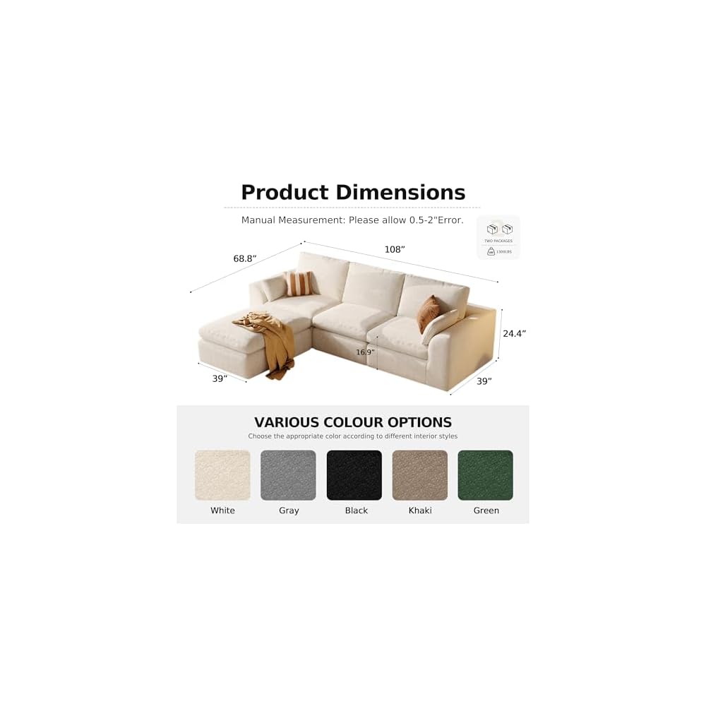 108" Boneless L-Shape Modular Cloud Sectional Sofa with Ottoman