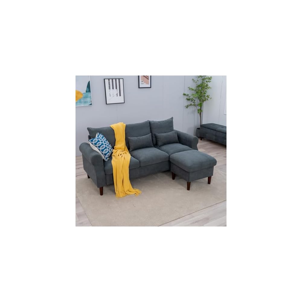 Panana Sectional Sofa Modern Deep 3-Seat Sofa Couch with Ottoman, Upholstered Furniture for Living Room, Apartment, Studio, Office (Grey Linen, Rolled Arms)