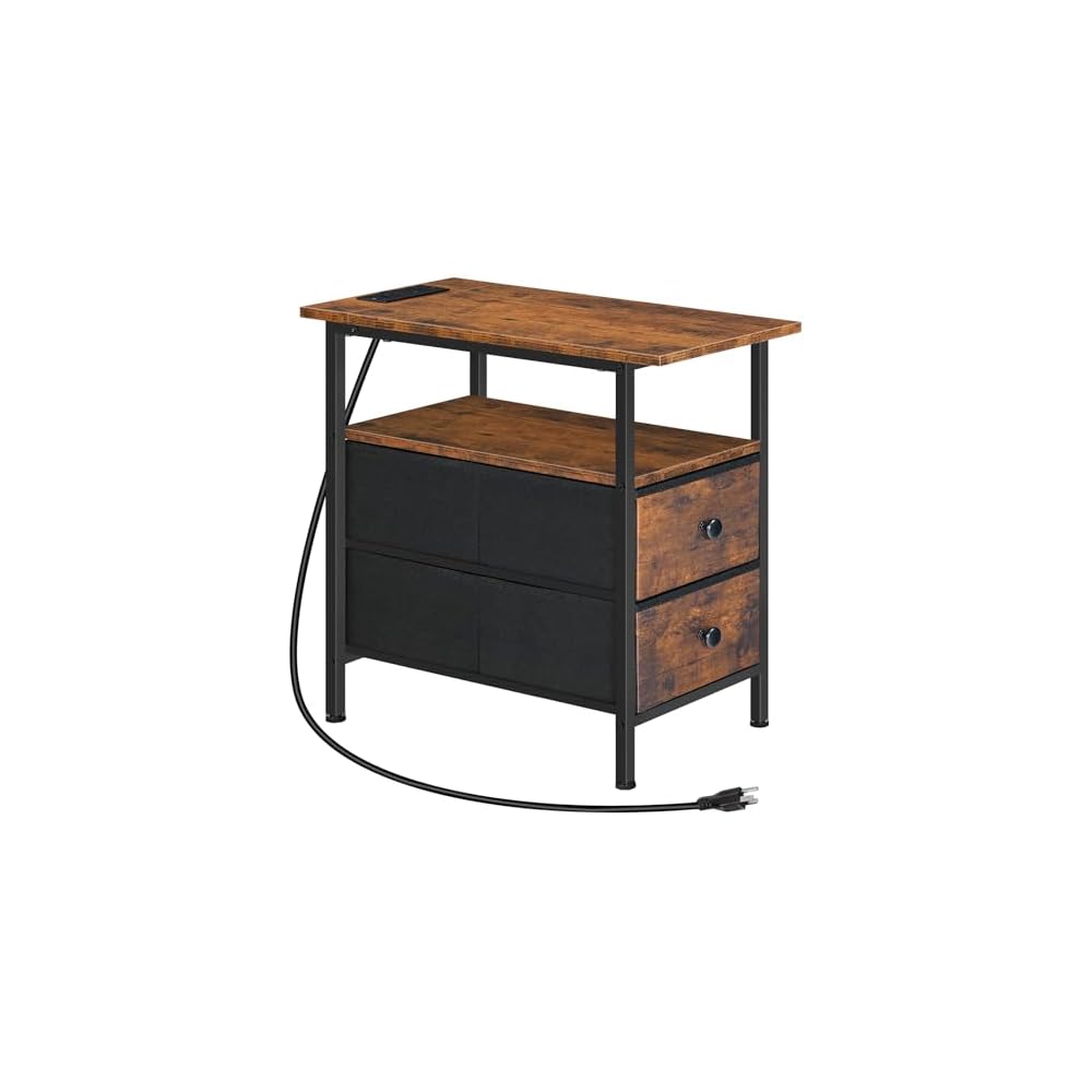 HOOBRO End Table with Charging Station, Narrow Side Table, Nightstand with 2 Non-Woven Drawers, Slim Sofa Side Table, for Small Spaces, Living Room, Bedroom, Rustic Brown and Black BF486UBZ01