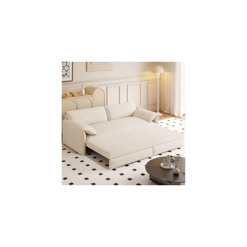 3-in-1 Convertible Sleeper Sofa Bed, Queen Size Pull Out Couch with Storage Pocket, Velvet Loveseat Sofa Bed for Small Space, Apartment, Living Room, Guest Bed,Beige