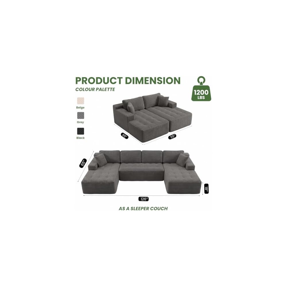 Boneless Modular Cloud Sectional Couch,U Shaped Corduroy Sofa with Tufted Deep Seat,Frame-Free Foam Futon Sofa,No Assembly for Living Room Apartment Studio,Grey