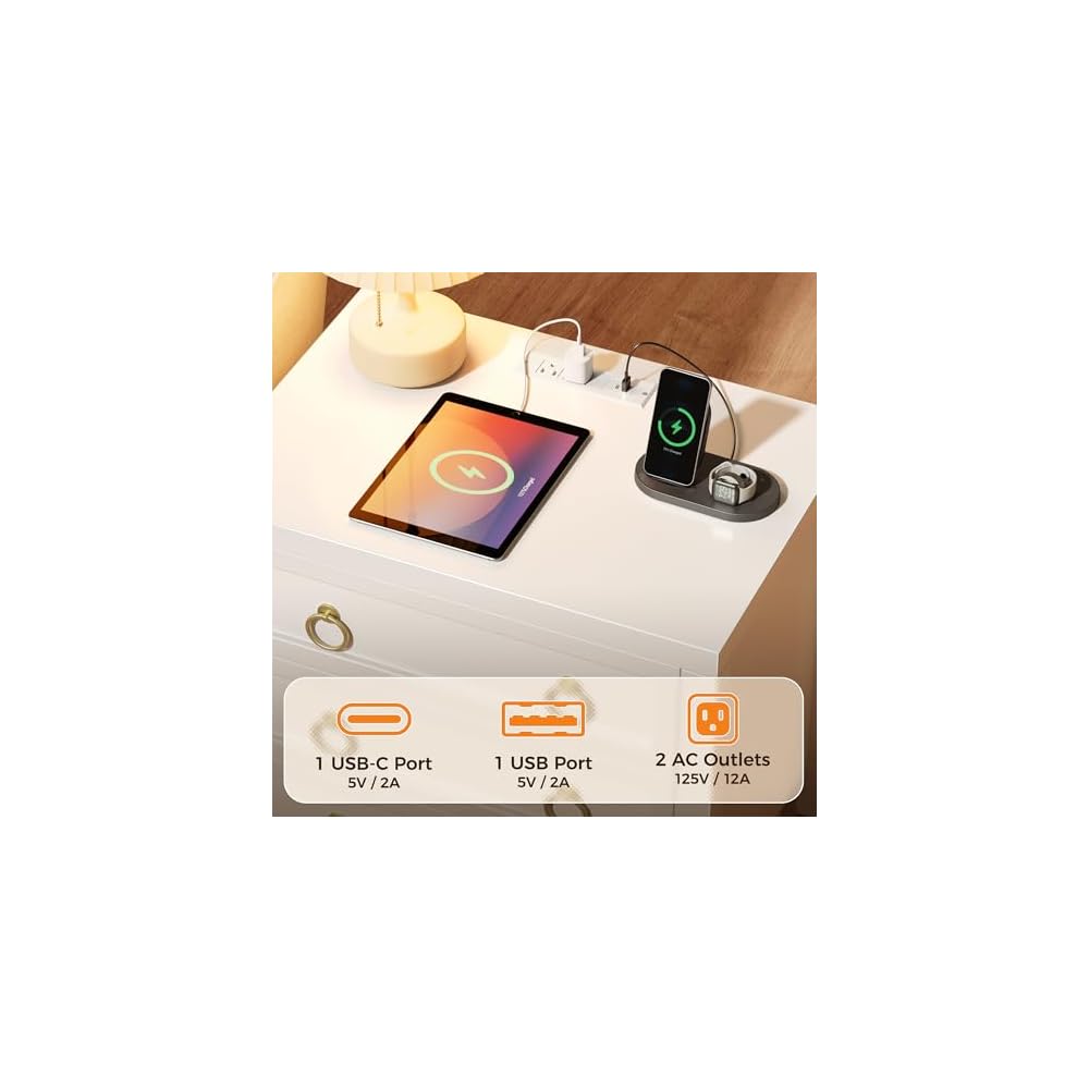 Huuger Night Stand with Charger Station and USB-C Port, 3 Drawer Nightstand