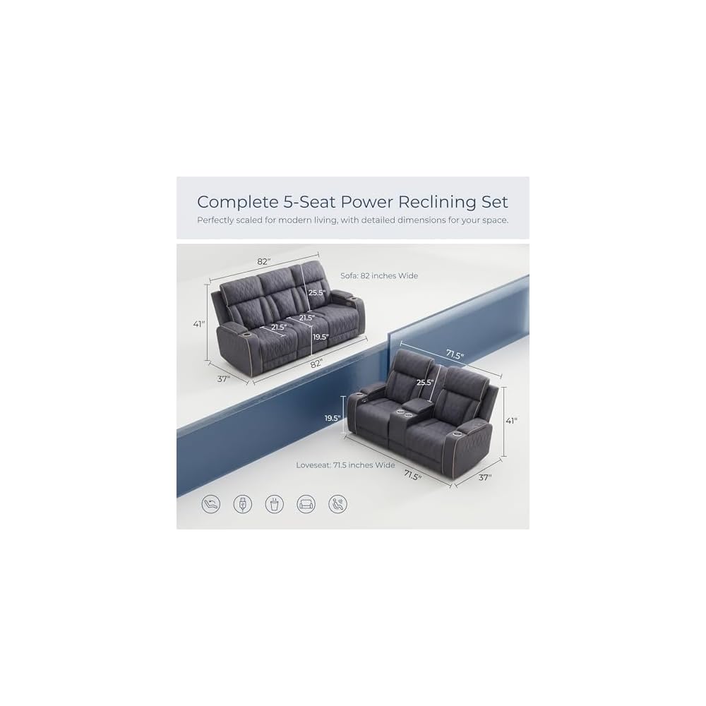 2 Piece Power Recliner Sofa Set with LED Lights, Electric Reclining Living Room Furniture Set with Sofa Loveseat and Chair,Leather Reclining Couch Set with USB Charging/Cup Holders/Storage,Blue Grey