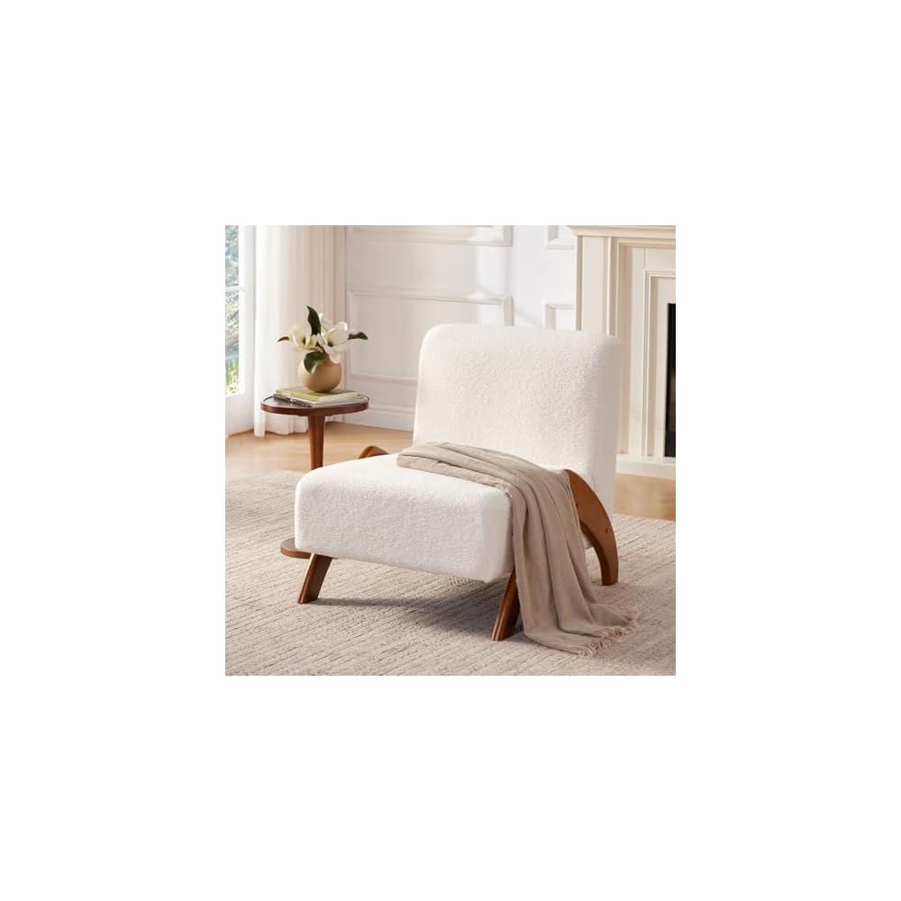 Accent Chair Living Room Side Chair with Wood Legs, Ivory