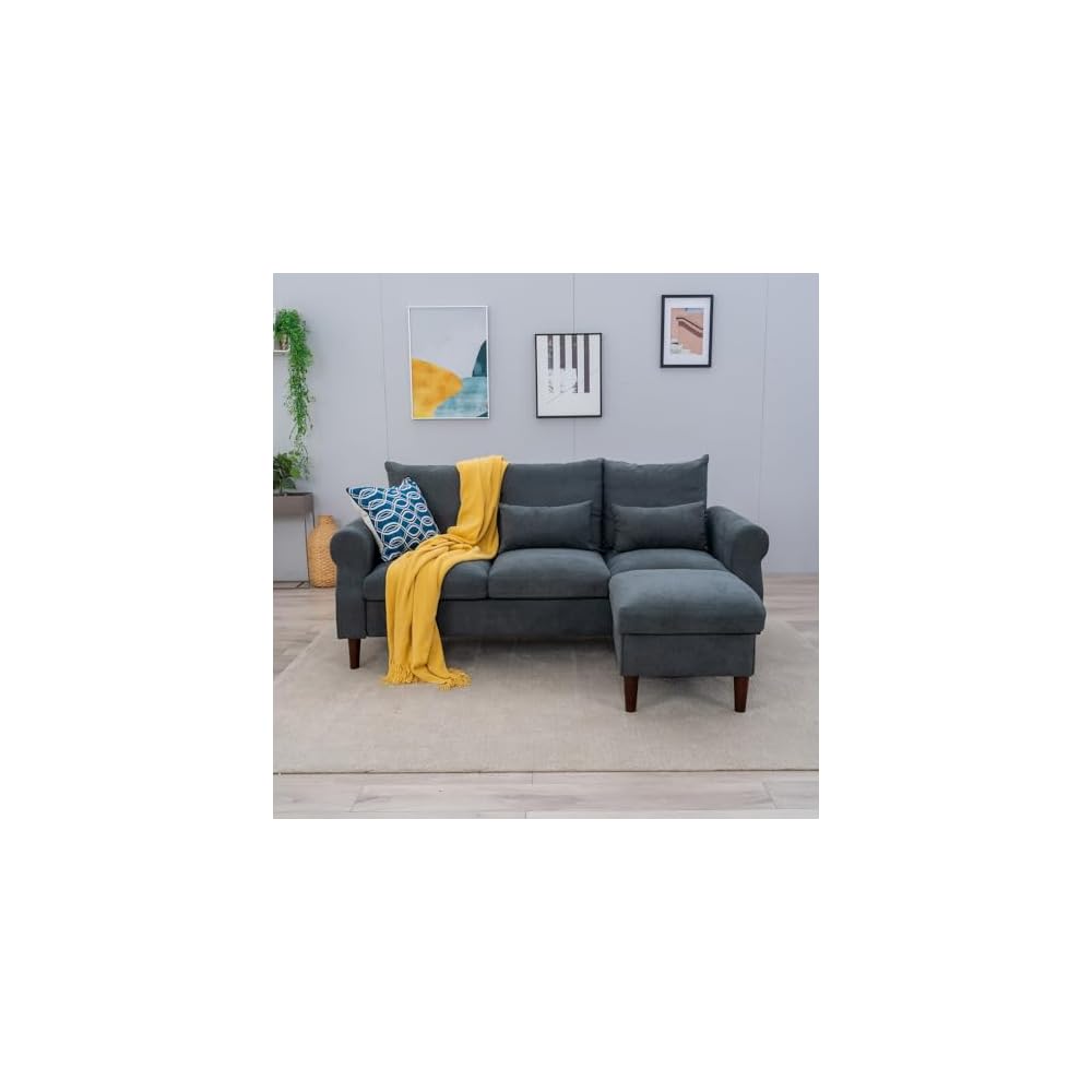 Panana Sectional Sofa Modern Deep 3-Seat Sofa Couch with Ottoman, Upholstered Furniture for Living Room, Apartment, Studio, Office (Grey Linen, Rolled Arms)