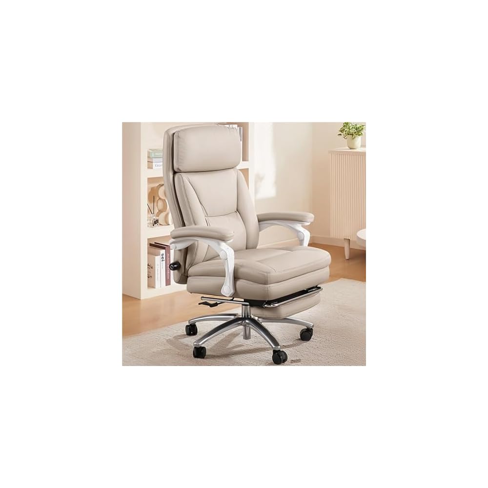 Genuine Leather Office Chair with Reclining Function Lumbar Support Adjustable Height Ergonomic Desk Chair Modern Executive Swivel Chair for Home Comfort