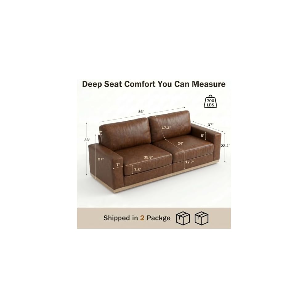 Sunny Heart 86" Modern PU Leather Loveseat Sofa for Living Room,2 Seater Deep Seat Modular Sofa Couch,Solid Wood Frame,Spring Cushions, Removable Covers,Easy Assembly for Small Spaces,Brown