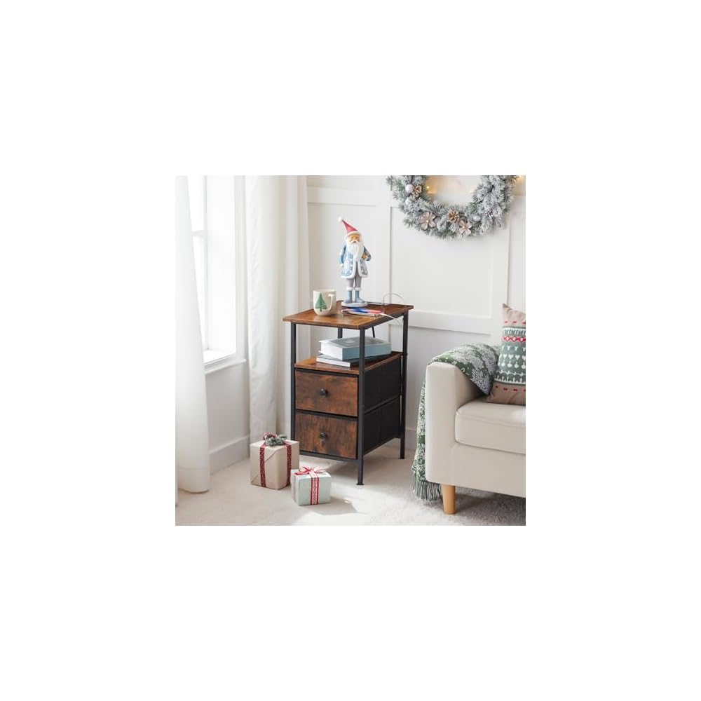 HOOBRO End Table with Charging Station, Narrow Side Table, Nightstand with 2 Non-Woven Drawers, Slim Sofa Side Table, for Small Spaces, Living Room, Bedroom, Rustic Brown and Black BF486UBZ01