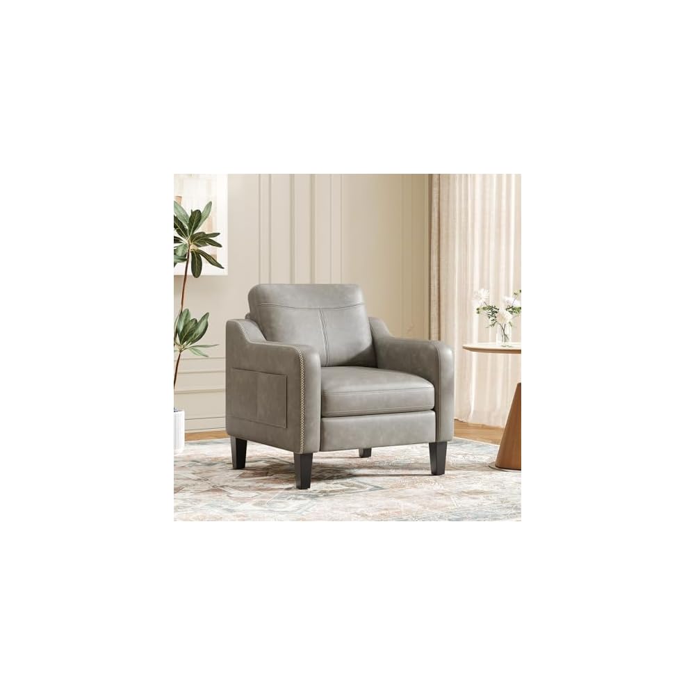 MALOL PU Leather Accent Chair Set of 2 with Solid Wood Frame, Grey