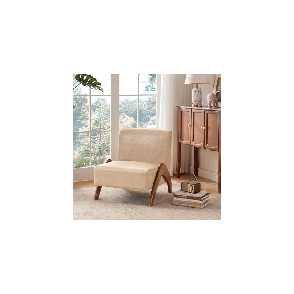 Accent Chair Living Room Side Chair with Wood Legs, Ivory