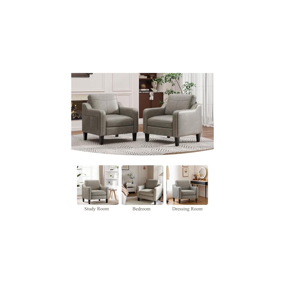 MALOL PU Leather Accent Chair Set of 2 with Solid Wood Frame, Grey