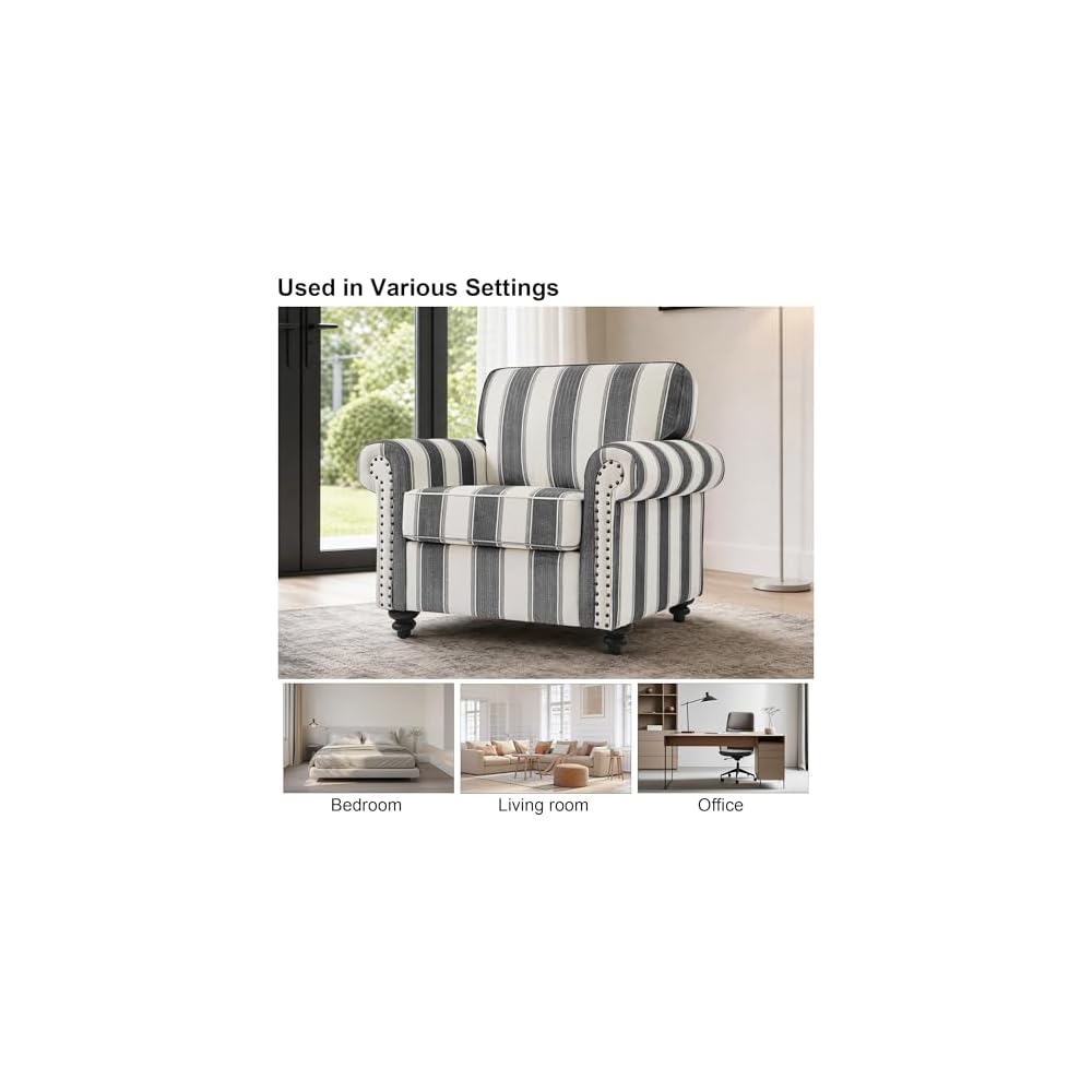Striped Accent Chairs Set of 2, Comfy Reading Armchair, Black