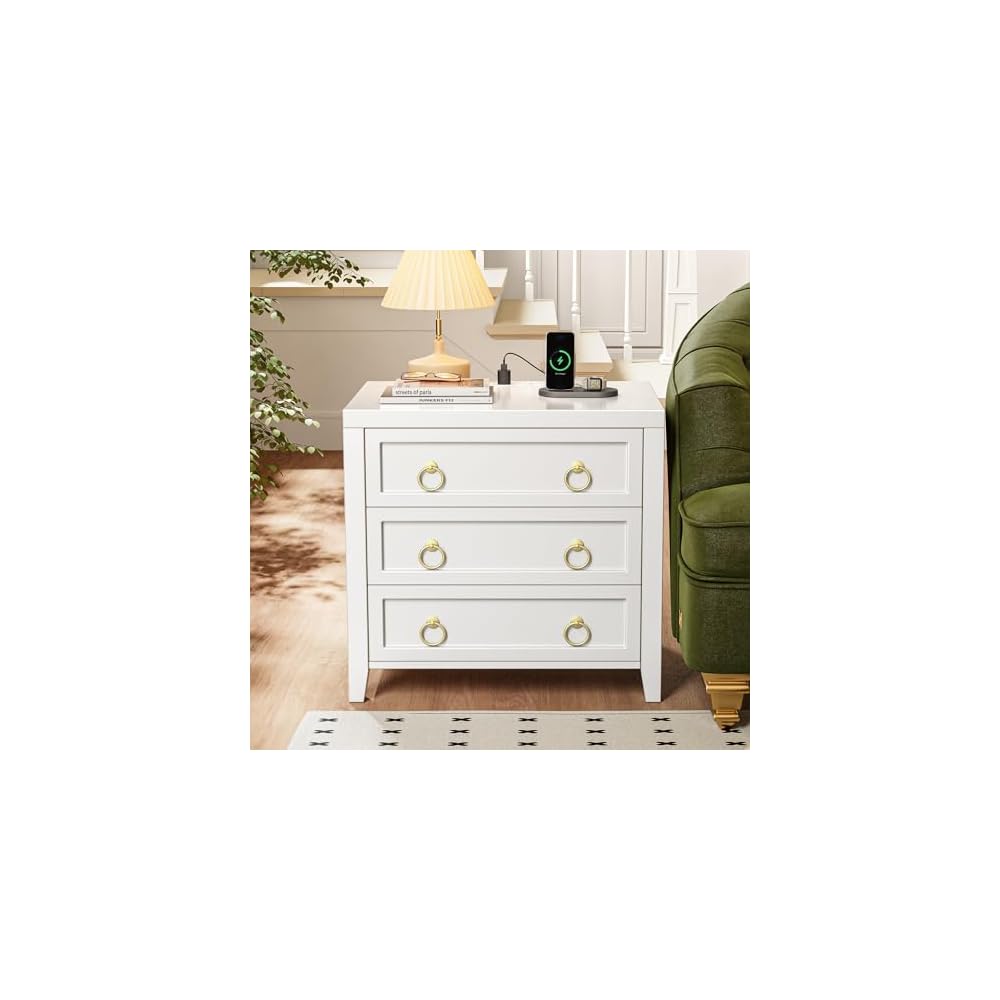 Huuger Night Stand with Charger Station and USB-C Port, 3 Drawer Nightstand