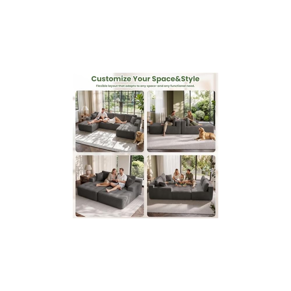 Boneless Modular Cloud Sectional Couch,U Shaped Corduroy Sofa with Tufted Deep Seat,Frame-Free Foam Futon Sofa,No Assembly for Living Room Apartment Studio,Grey
