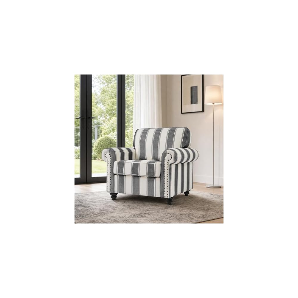 Striped Accent Chairs Set of 2, Comfy Reading Armchair, Black