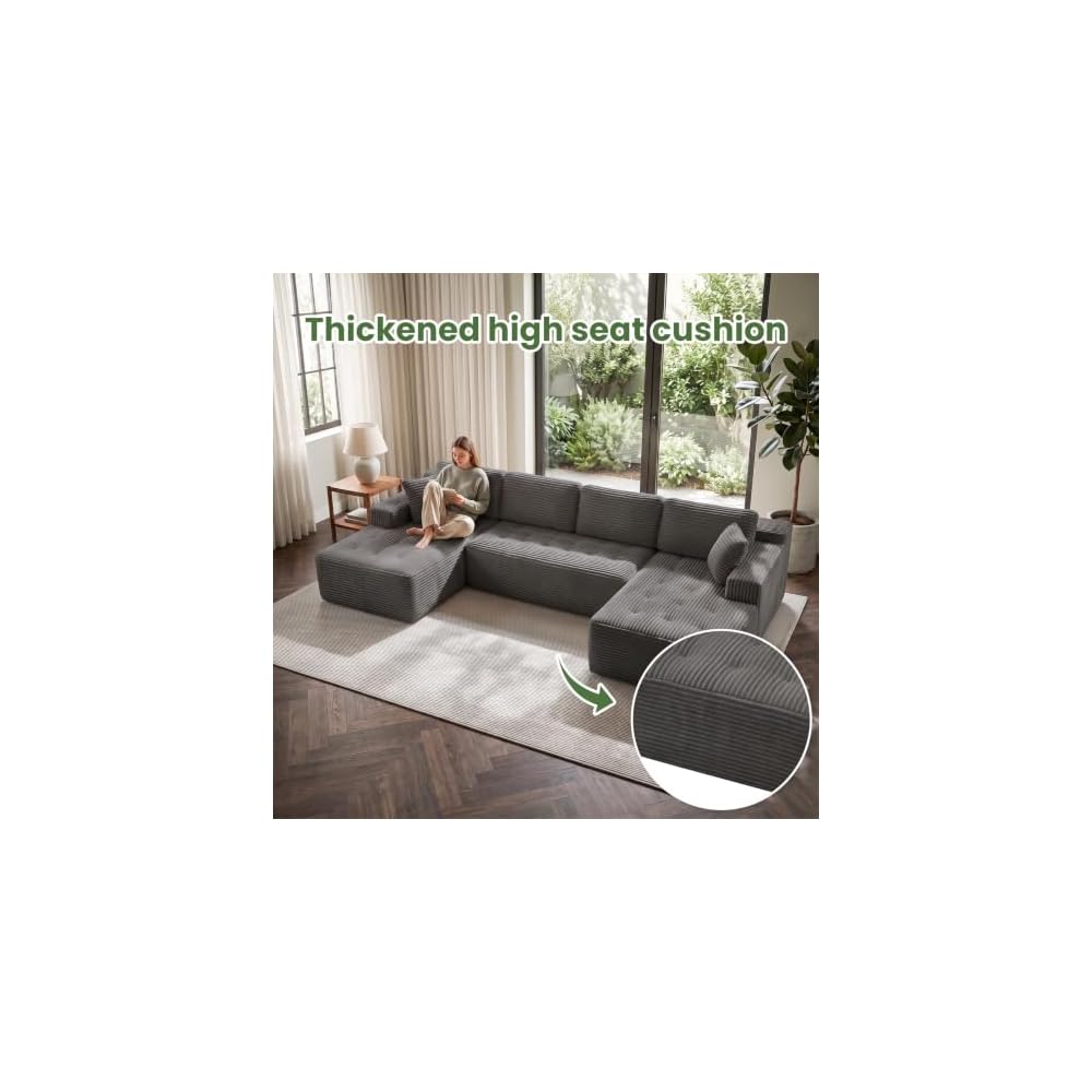 Boneless Modular Cloud Sectional Couch,U Shaped Corduroy Sofa with Tufted Deep Seat,Frame-Free Foam Futon Sofa,No Assembly for Living Room Apartment Studio,Grey
