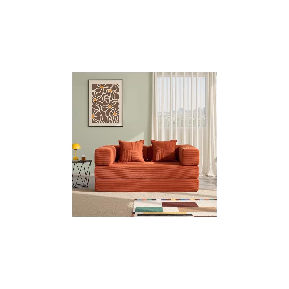 YINIX Foldable Sofa Bed, 62'' Folding Floor Couch, Compressed Convertable Sleeper Sofa, Memory Foam Couch with Pillow Back Support Armrest, 4-in-1 Futon Sofa Bed for Living Room, Orange