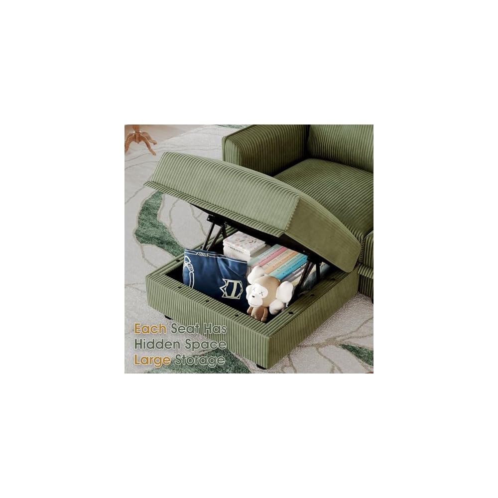 LLappuil Modular Storage Sectional Sofa with Ottoman, U Shaped 8-Seat Corduroy Couch with 6 Throw Pillows, Convertible Sofa Set for Living Room, Skin-Friendly & Soft, Scratch Resistant, Green