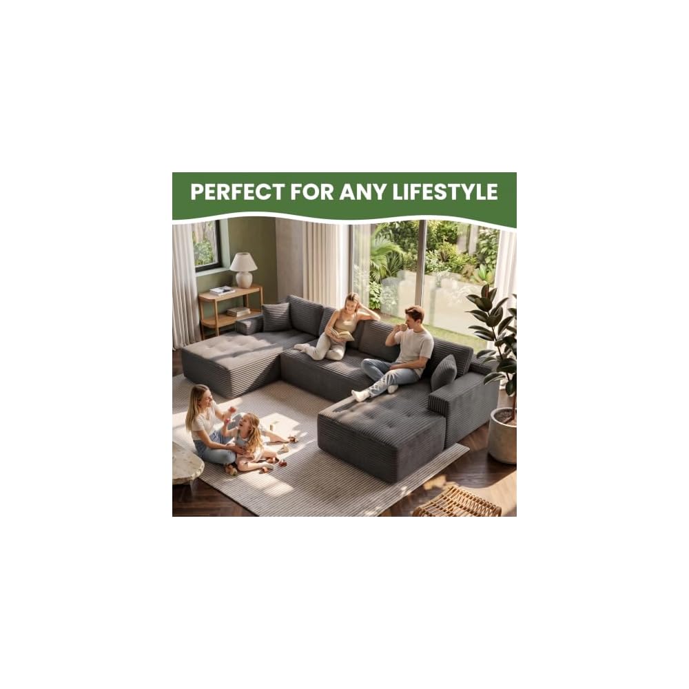 Boneless Modular Cloud Sectional Couch,U Shaped Corduroy Sofa with Tufted Deep Seat,Frame-Free Foam Futon Sofa,No Assembly for Living Room Apartment Studio,Grey