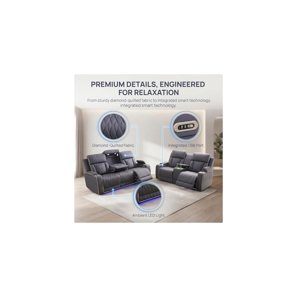 2 Piece Power Recliner Sofa Set with LED Lights, Electric Reclining Living Room Furniture Set with Sofa Loveseat and Chair,Leather Reclining Couch Set with USB Charging/Cup Holders/Storage,Blue Grey