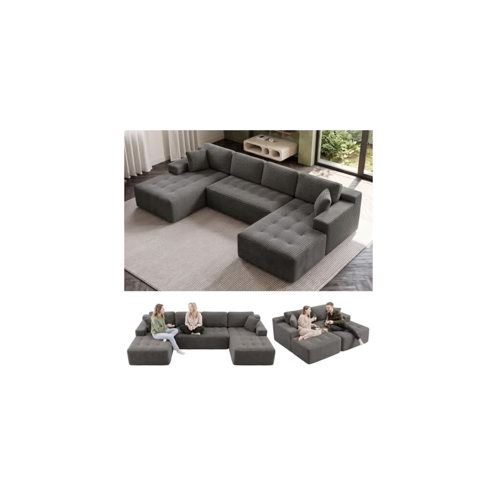 Boneless Modular Cloud Sectional Couch,U Shaped Corduroy Sofa with Tufted Deep Seat,Frame-Free Foam Futon Sofa,No Assembly for Living Room Apartment Studio,Grey