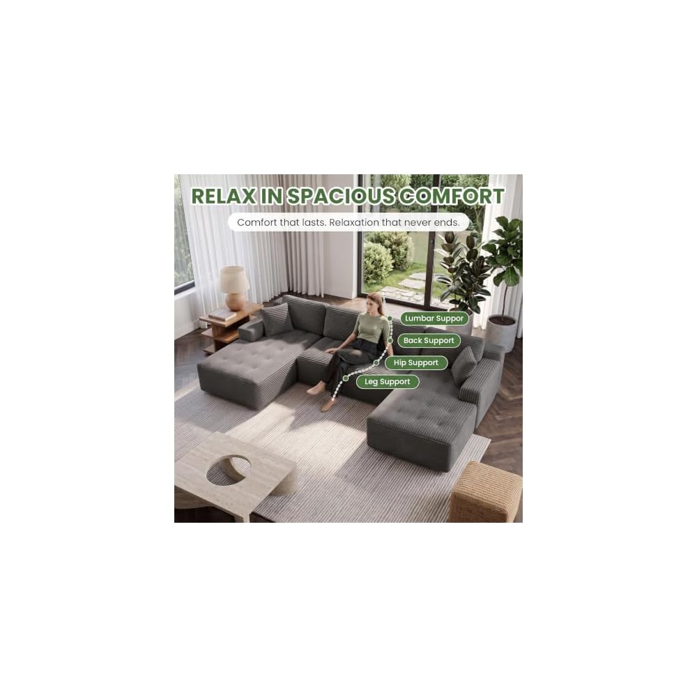 Boneless Modular Cloud Sectional Couch,U Shaped Corduroy Sofa with Tufted Deep Seat,Frame-Free Foam Futon Sofa,No Assembly for Living Room Apartment Studio,Grey