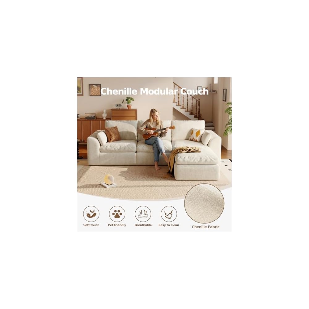 108" Boneless L-Shape Modular Cloud Sectional Sofa with Ottoman