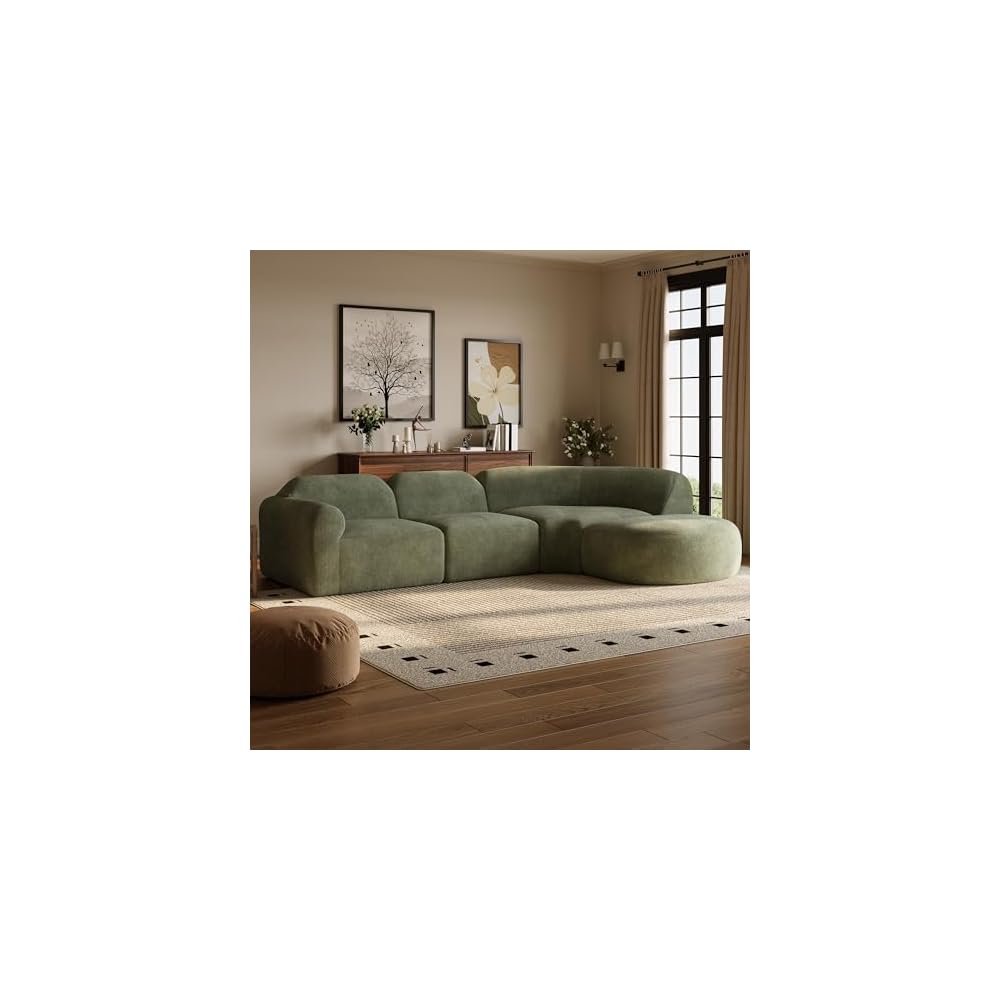 Merax Modern Curved Sectional Sofa with Ottoman, Couch 4-Piece Set High-Density Compressed Sponge, Fully Assembled, Right Hand Facing, Plush Deep Seat for Living Room, Lounge, Apartment, Green