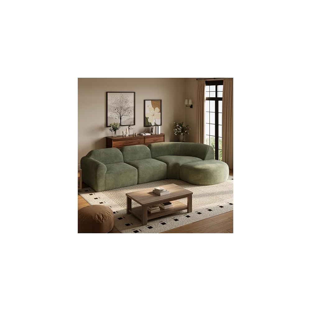 Merax Modern Curved Sectional Sofa with Ottoman, Couch 4-Piece Set High-Density Compressed Sponge, Fully Assembled, Right Hand Facing, Plush Deep Seat for Living Room, Lounge, Apartment, Green