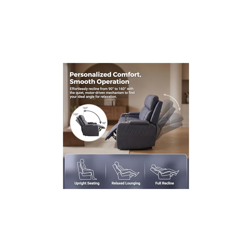 2 Piece Power Recliner Sofa Set with LED Lights, Electric Reclining Living Room Furniture Set with Sofa Loveseat and Chair,Leather Reclining Couch Set with USB Charging/Cup Holders/Storage,Blue Grey