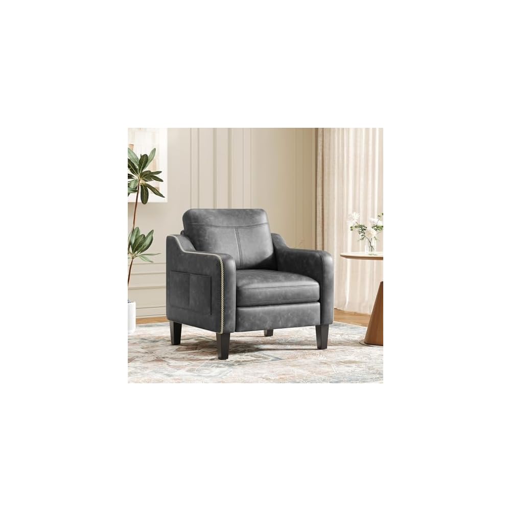 MALOL PU Leather Accent Chair Set of 2 with Solid Wood Frame, Grey