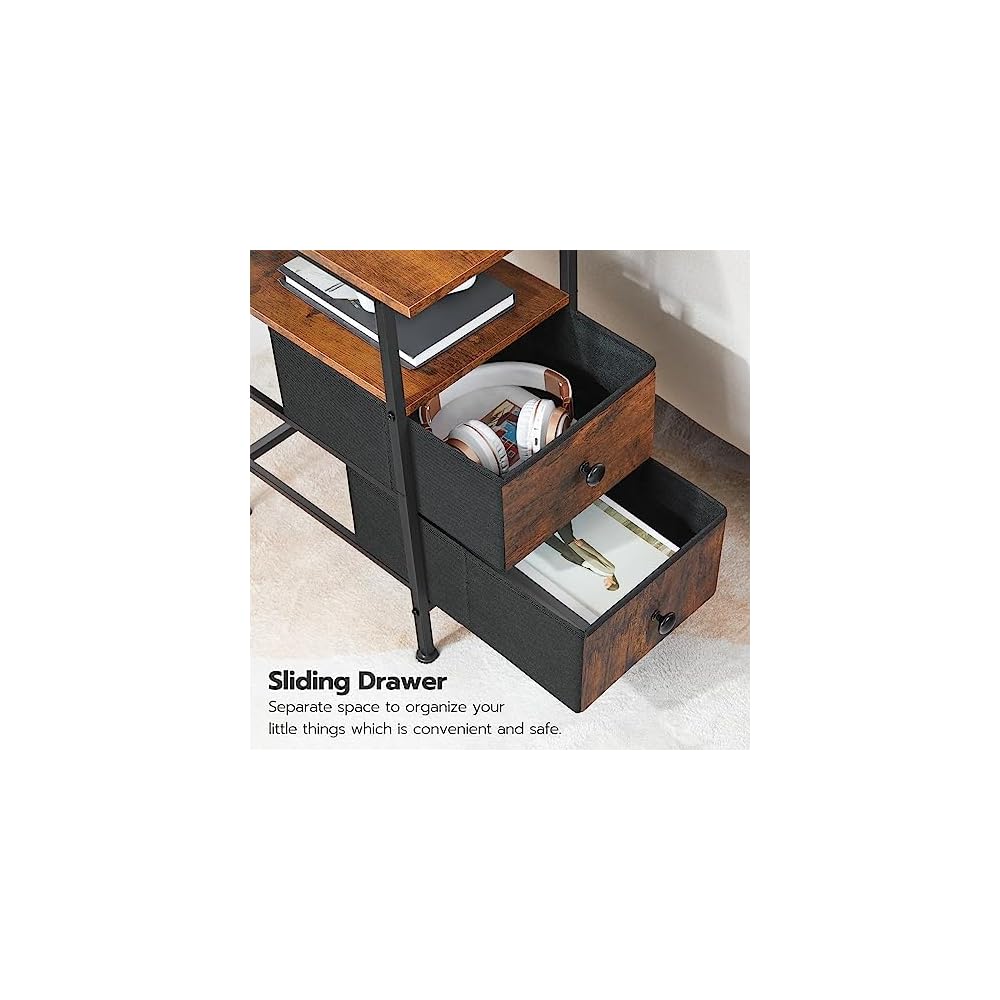 HOOBRO End Table with Charging Station, Narrow Side Table, Nightstand with 2 Non-Woven Drawers, Slim Sofa Side Table, for Small Spaces, Living Room, Bedroom, Rustic Brown and Black BF486UBZ01