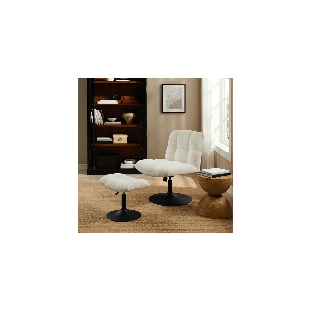 Art Leon Swivel Desk Chair with Footstool, Armless Office Desk Chair No Wheels, Modern Adjustable Backrest and Seat Height Swivel, Metal Base Computer Task Vanity Chair, Beige