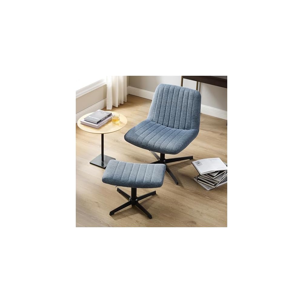 Art Leon Swivel Desk Chair with Footstool, Armless Office Desk Chair No Wheels, Modern Adjustable Backrest and Seat Height Swivel, Metal Base Computer Task Vanity Chair, Beige