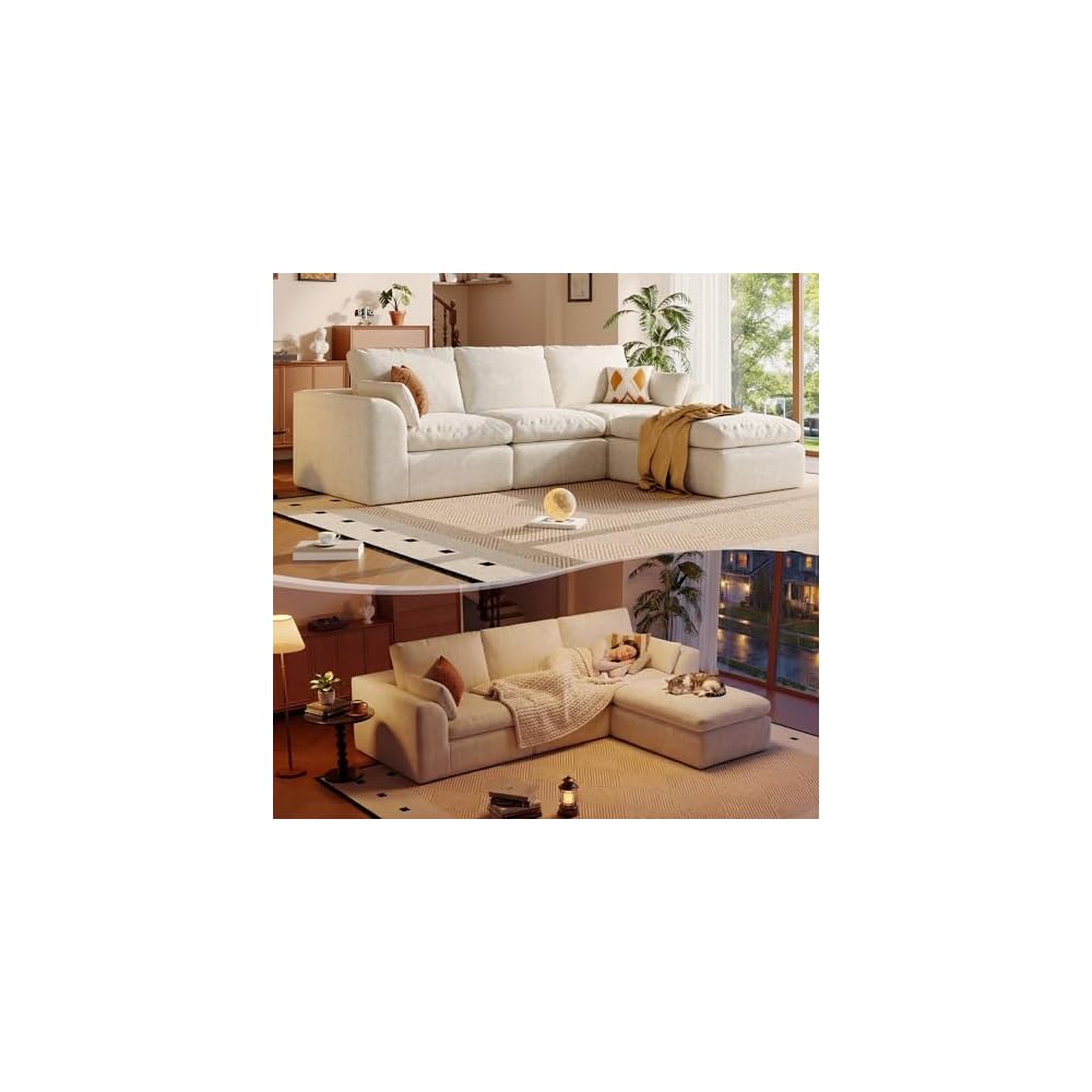 108" Boneless L-Shape Modular Cloud Sectional Sofa with Ottoman