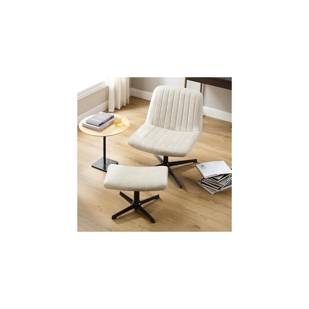 Art Leon Swivel Desk Chair with Footstool, Armless Office Desk Chair No Wheels, Modern Adjustable Backrest and Seat Height Swivel, Metal Base Computer Task Vanity Chair, Beige