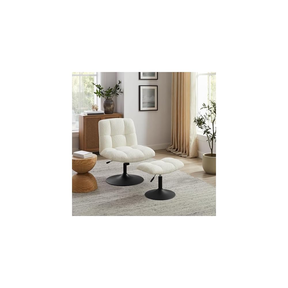 Art Leon Swivel Desk Chair with Footstool, Armless Office Desk Chair No Wheels, Modern Adjustable Backrest and Seat Height Swivel, Metal Base Computer Task Vanity Chair, Beige