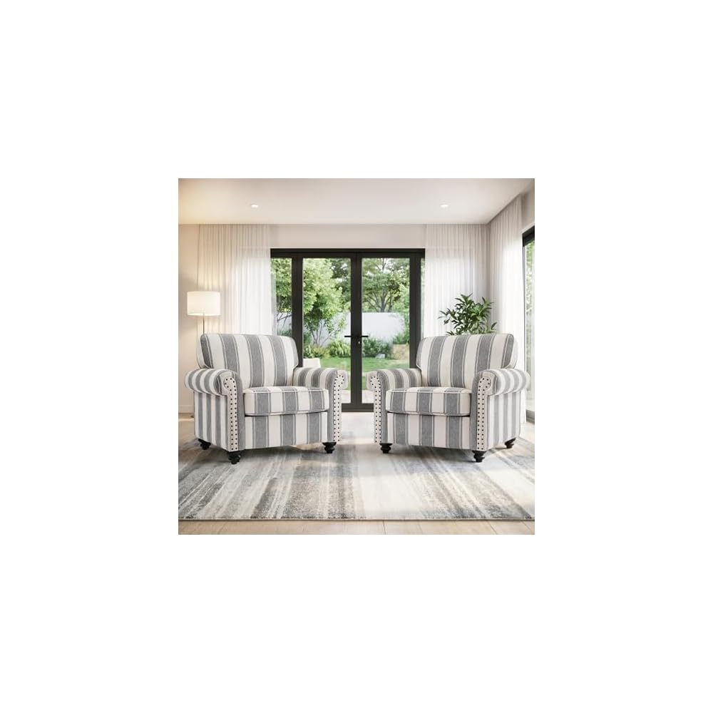 Striped Accent Chairs Set of 2, Comfy Reading Armchair, Black