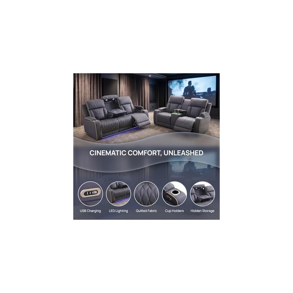 2 Piece Power Recliner Sofa Set with LED Lights, Electric Reclining Living Room Furniture Set with Sofa Loveseat and Chair,Leather Reclining Couch Set with USB Charging/Cup Holders/Storage,Blue Grey