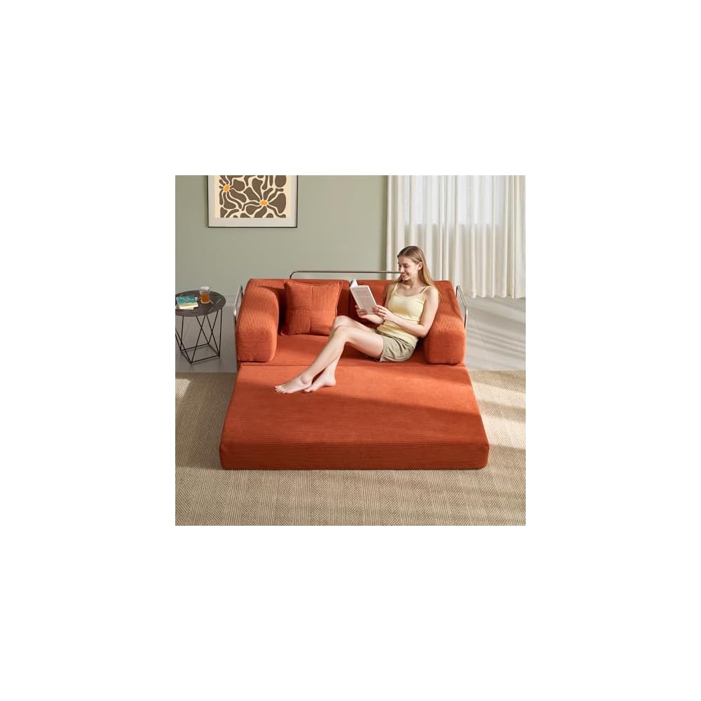 YINIX Foldable Sofa Bed, 62'' Folding Floor Couch, Compressed Convertable Sleeper Sofa, Memory Foam Couch with Pillow Back Support Armrest, 4-in-1 Futon Sofa Bed for Living Room, Orange